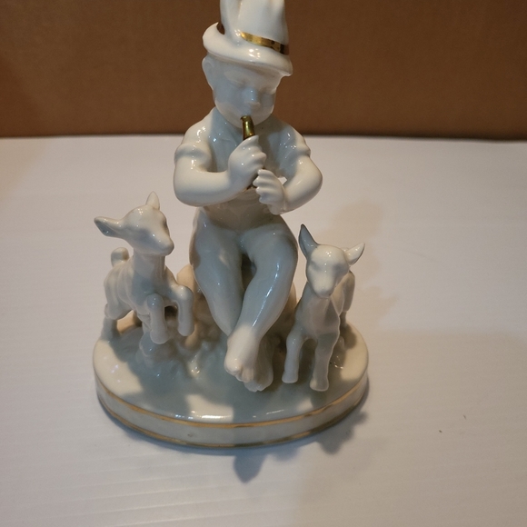 Erphila Germany Figurine Boy Playing Flute with Lambs/Goats White with Gold Trim - Picture 3 of 9